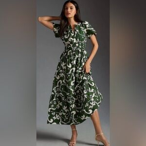 Anthropologie Somerset Green Motif tiered maxi dress Cotton Size S NWT